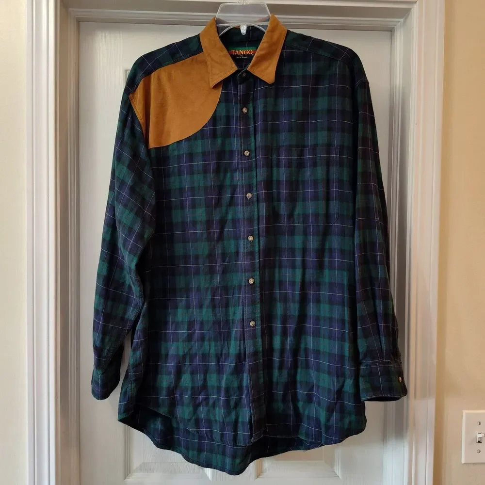 Tango by Max Raab Green Blue Plaid Button Down Long Sleeve Made in USA‎ Size L